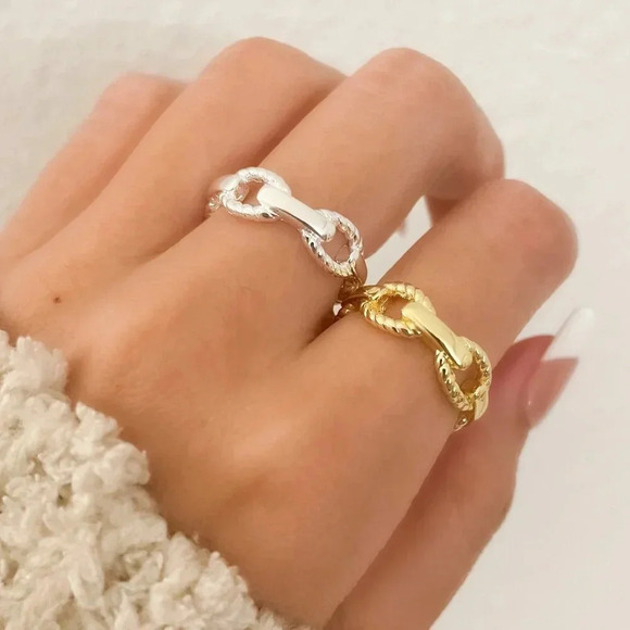 925 Sterling Silver Curb Chain Ring Chain Link Ring Stackable Minimalist Ring - Picture 2 of 9